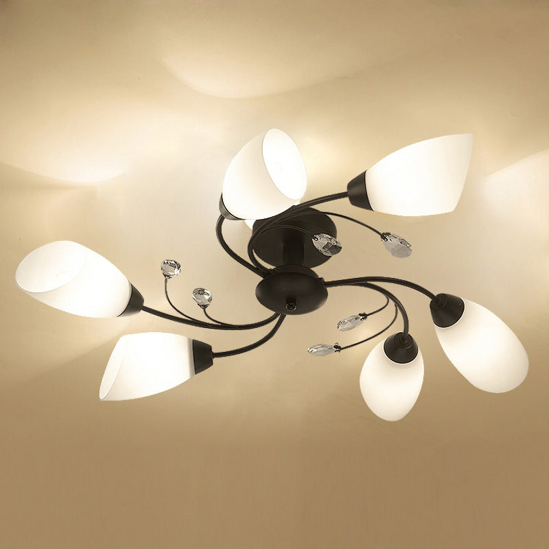 Floral Swirl Ceiling Light Fixture Rustic Black Opal Glass Semi Flush Light for Living Room 6 Black Clearhalo 'Ceiling Lights' 'Chandeliers' 'Close To Ceiling Lights' 'Close to ceiling' 'Glass shade' 'Glass' 'Semi-flushmount' Lighting' 2405564