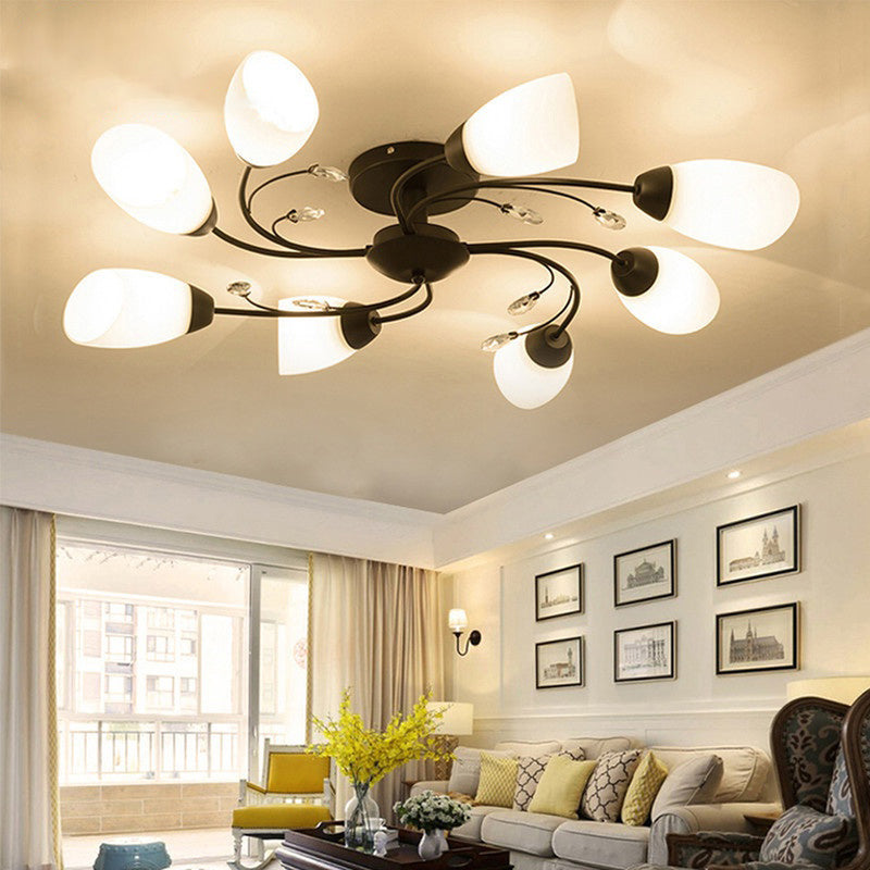 Floral Swirl Ceiling Light Fixture Rustic Black Opal Glass Semi Flush Light for Living Room Clearhalo 'Ceiling Lights' 'Chandeliers' 'Close To Ceiling Lights' 'Close to ceiling' 'Glass shade' 'Glass' 'Semi-flushmount' Lighting' 2405565
