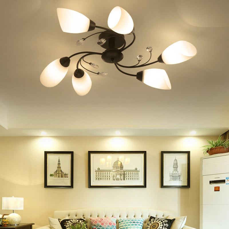Floral Swirl Ceiling Light Fixture Rustic Black Opal Glass Semi Flush Light for Living Room