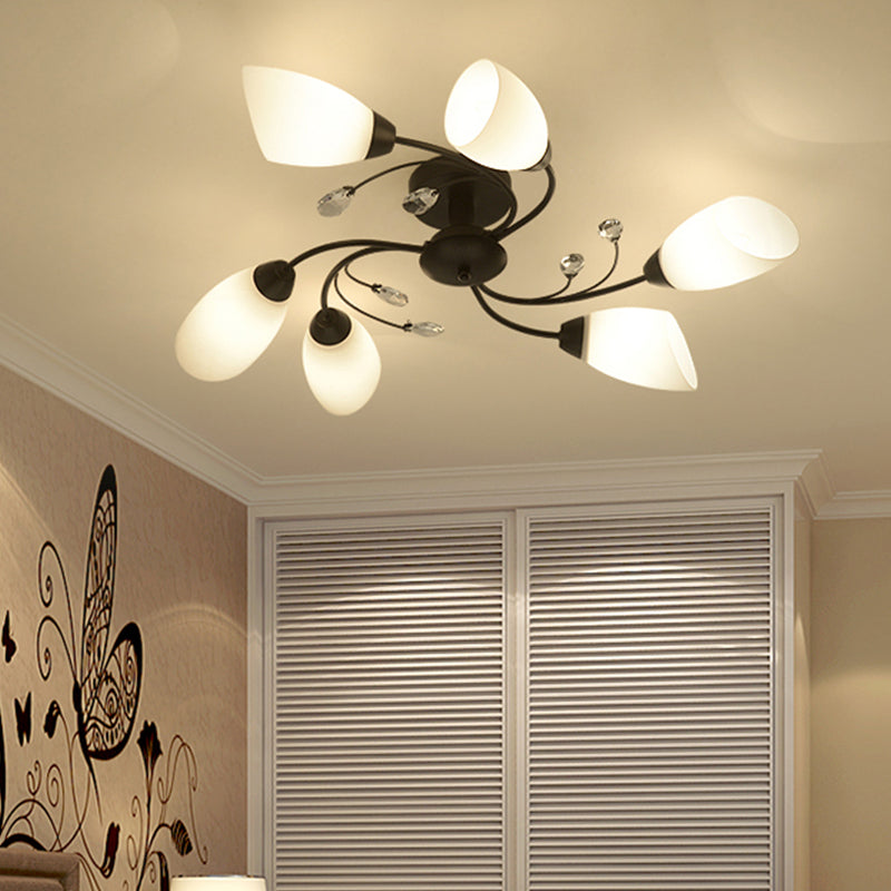 Floral Swirl Ceiling Light Fixture Rustic Black Opal Glass Semi Flush Light for Living Room Clearhalo 'Ceiling Lights' 'Chandeliers' 'Close To Ceiling Lights' 'Close to ceiling' 'Glass shade' 'Glass' 'Semi-flushmount' Lighting' 2405568