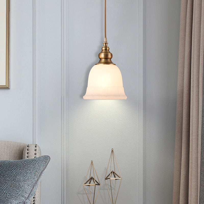 Gold 1-Light Drop Pendant Colonial Style Satin Opal Glass Shaded Hanging Light for Hallway Clearhalo 'Ceiling Lights' 'Chandeliers' 'Glass shade' 'Glass' 'Pendant Lights' 'Pendants' Lighting' 2405589
