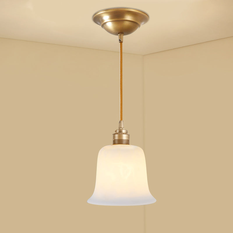 Gold 1-Light Drop Pendant Colonial Style Satin Opal Glass Shaded Hanging Light for Hallway Gold Bell Cylinder Clearhalo 'Ceiling Lights' 'Chandeliers' 'Glass shade' 'Glass' 'Pendant Lights' 'Pendants' Lighting' 2405591
