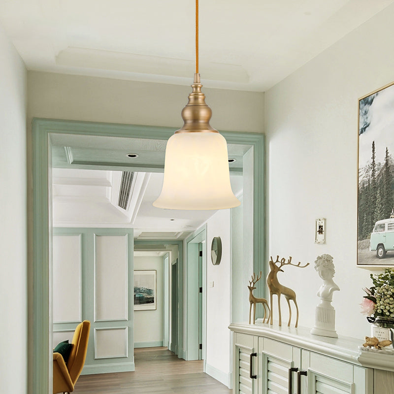 Gold 1-Light Drop Pendant Colonial Style Satin Opal Glass Shaded Hanging Light for Hallway Clearhalo 'Ceiling Lights' 'Chandeliers' 'Glass shade' 'Glass' 'Pendant Lights' 'Pendants' Lighting' 2405592