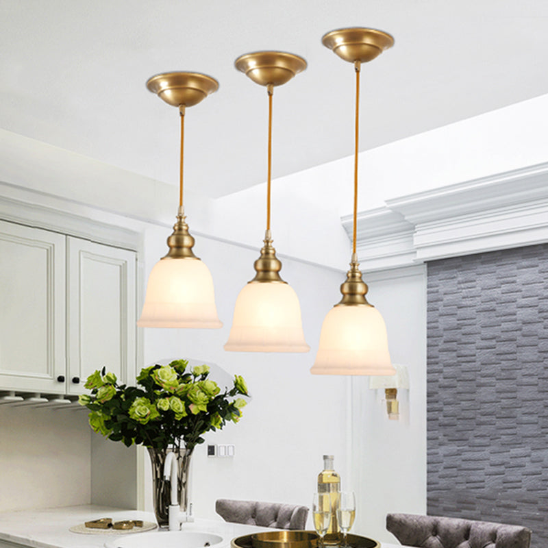 Gold 1-Light Drop Pendant Colonial Style Satin Opal Glass Shaded Hanging Light for Hallway Clearhalo 'Ceiling Lights' 'Chandeliers' 'Glass shade' 'Glass' 'Pendant Lights' 'Pendants' Lighting' 2405596