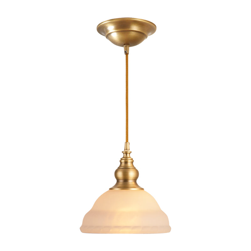 Gold 1-Light Drop Pendant Colonial Style Satin Opal Glass Shaded Hanging Light for Hallway Clearhalo 'Ceiling Lights' 'Chandeliers' 'Glass shade' 'Glass' 'Pendant Lights' 'Pendants' Lighting' 2405598