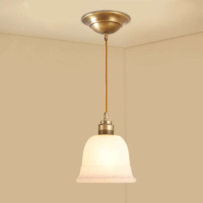 Gold 1-Light Drop Pendant Colonial Style Satin Opal Glass Shaded Hanging Light for Hallway Gold Lantern Cylinder Clearhalo 'Ceiling Lights' 'Chandeliers' 'Glass shade' 'Glass' 'Pendant Lights' 'Pendants' Lighting' 2405599