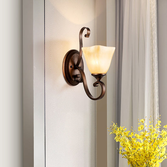 Beige Glass Shade Wall Lamp Country Dining Room Wall Sconce with Scroll Arm in Coffee Clearhalo 'Wall Lamps & Sconces' 'Wall Lights' Lighting' 2405618