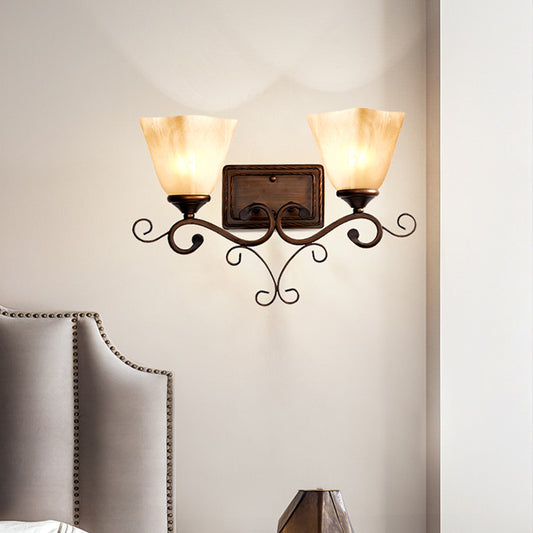 Beige Glass Shade Wall Lamp Country Dining Room Wall Sconce with Scroll Arm in Coffee Clearhalo 'Wall Lamps & Sconces' 'Wall Lights' Lighting' 2405619