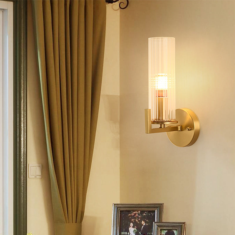 Single-Bulb Glass Wall Light Minimalist Gold Finish Cylindrical Foyer Wall Sconce Lamp Clearhalo 'Wall Lamps & Sconces' 'Wall Lights' Lighting' 2405623