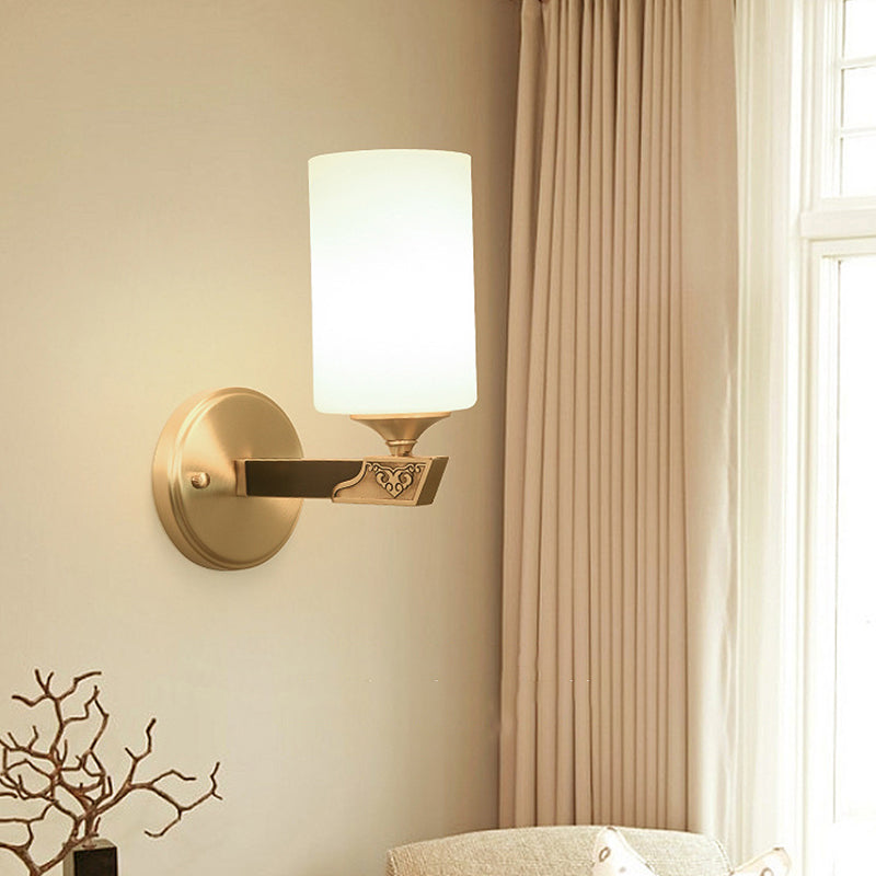 Single-Bulb Glass Wall Light Minimalist Gold Finish Cylindrical Foyer Wall Sconce Lamp Gold White Clearhalo 'Wall Lamps & Sconces' 'Wall Lights' Lighting' 2405625