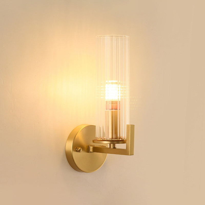 Single-Bulb Glass Wall Light Minimalist Gold Finish Cylindrical Foyer Wall Sconce Lamp Gold Clear Clearhalo 'Wall Lamps & Sconces' 'Wall Lights' Lighting' 2405628