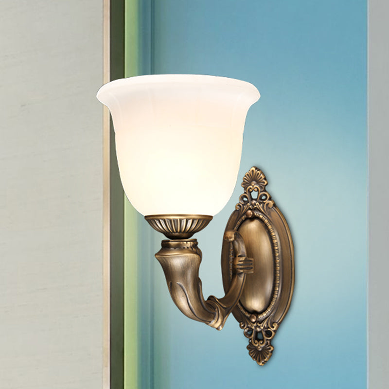 Retro Bell Wall Mounted Lamp 1-Bulb Ivory Glass Sconce Light Fixture in Bronze for Aisle Clearhalo 'Wall Lamps & Sconces' 'Wall Lights' Lighting' 2405632