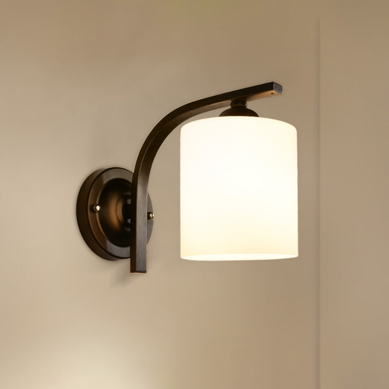 Cylindrical White Glass Wall Sconce Vintage 1 Head Aisle Wall Light with Curved Arm in Black Black Clearhalo 'Wall Lamps & Sconces' 'Wall Lights' Lighting' 2405638