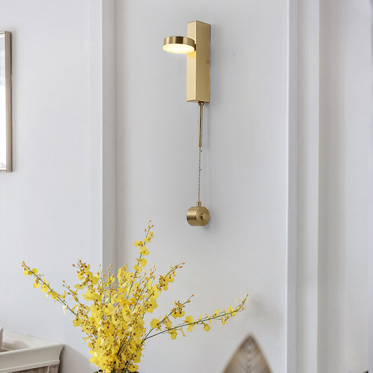 Creative Minimalist Len Shaped Wall Sconce Acrylic Living Room LED Wall Lighting with Pull Chain in Brass Brass Clearhalo 'Cast Iron' 'Glass' 'Industrial' 'Modern wall lights' 'Modern' 'Tiffany' 'Traditional wall lights' 'Wall Lamps & Sconces' 'Wall Lights' Lighting' 2405653