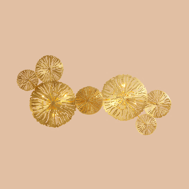 Etched Lotus Leaf Shaped Stairs Sconce Lamp Metal Art Deco Wall Mount Light Fixture in Brass Brass 7.0 Clearhalo 'Cast Iron' 'Glass' 'Industrial' 'Modern wall lights' 'Modern' 'Tiffany' 'Traditional wall lights' 'Wall Lamps & Sconces' 'Wall Lights' Lighting' 2405680