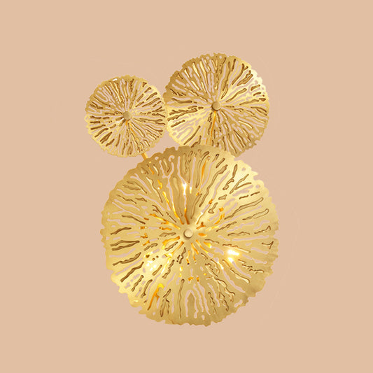 Etched Lotus Leaf Shaped Stairs Sconce Lamp Metal Art Deco Wall Mount Light Fixture in Brass Brass 3.0 Clearhalo 'Cast Iron' 'Glass' 'Industrial' 'Modern wall lights' 'Modern' 'Tiffany' 'Traditional wall lights' 'Wall Lamps & Sconces' 'Wall Lights' Lighting' 2405682