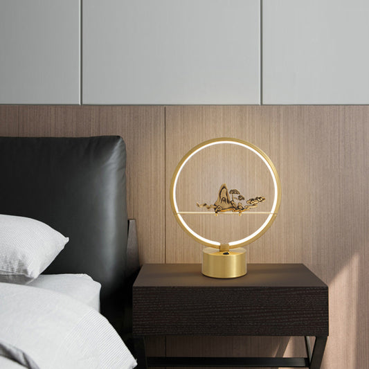 Loop Shaped LED Table Light Artistic Metal Brass Night Lamp with Carved Mountain Decor Clearhalo 'Lamps' 'Table Lamps' Lighting' 2405698