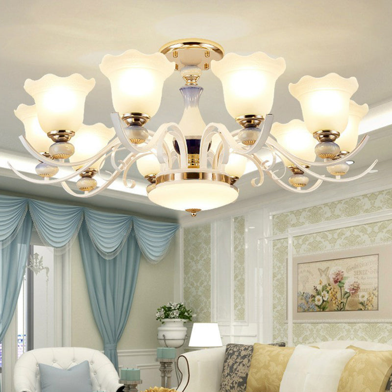 Hanging Chandelier Vintage Living Room Pendant Light with Flower Frosted Glass Shade in White 10 White Clearhalo 'Ceiling Lights' 'Chandeliers' 'Glass shade' 'Glass' Lighting' 2405750