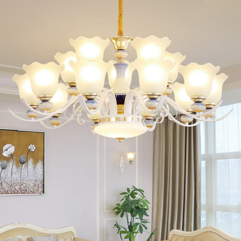 Hanging Chandelier Vintage Living Room Pendant Light with Flower Frosted Glass Shade in White 15 White Clearhalo 'Ceiling Lights' 'Chandeliers' 'Glass shade' 'Glass' Lighting' 2405751