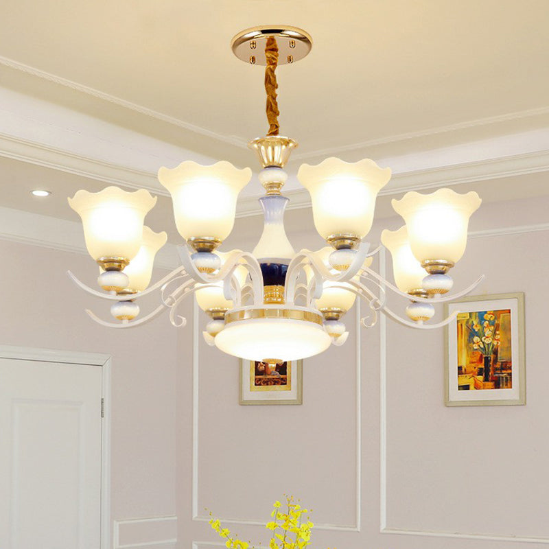 Hanging Chandelier Vintage Living Room Pendant Light with Flower Frosted Glass Shade in White 8 White Clearhalo 'Ceiling Lights' 'Chandeliers' 'Glass shade' 'Glass' Lighting' 2405752