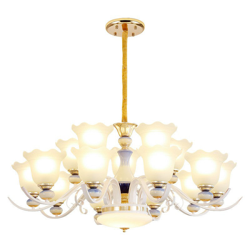 Hanging Chandelier Vintage Living Room Pendant Light with Flower Frosted Glass Shade in White Clearhalo 'Ceiling Lights' 'Chandeliers' 'Glass shade' 'Glass' Lighting' 2405755