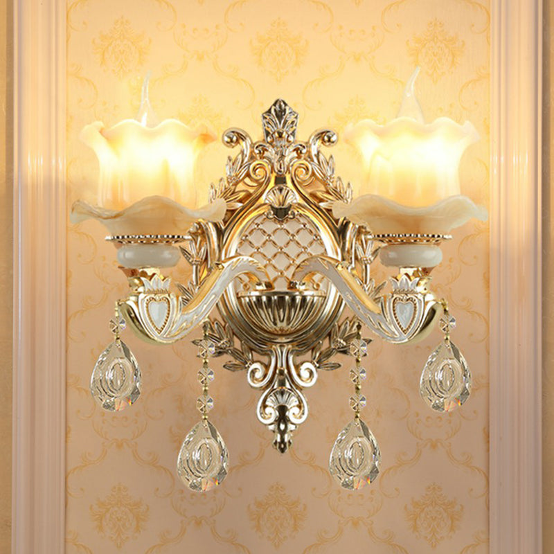 Jade Wall Mount Light Traditional Beige Flower Corridor Wall Sconce with Crystal Drop Clearhalo 'Wall Lamps & Sconces' 'Wall Lights' Lighting' 2405761