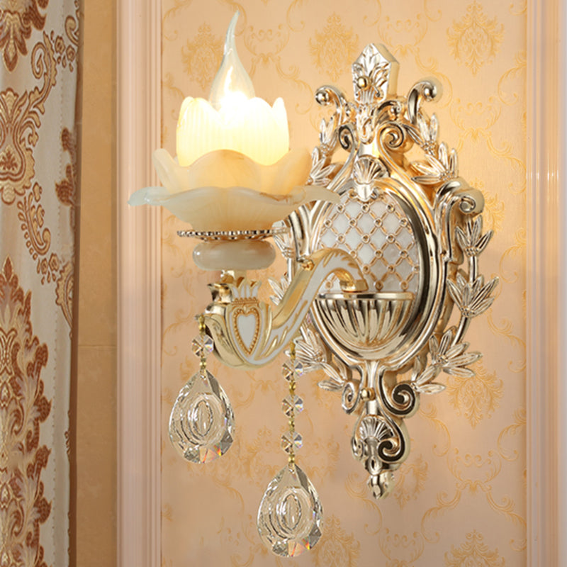 Jade Wall Mount Light Traditional Beige Flower Corridor Wall Sconce with Crystal Drop 1.0 Beige Clearhalo 'Wall Lamps & Sconces' 'Wall Lights' Lighting' 2405762