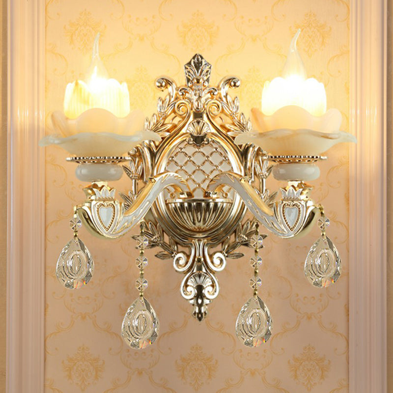 Jade Wall Mount Light Traditional Beige Flower Corridor Wall Sconce with Crystal Drop 2.0 Beige Clearhalo 'Wall Lamps & Sconces' 'Wall Lights' Lighting' 2405763