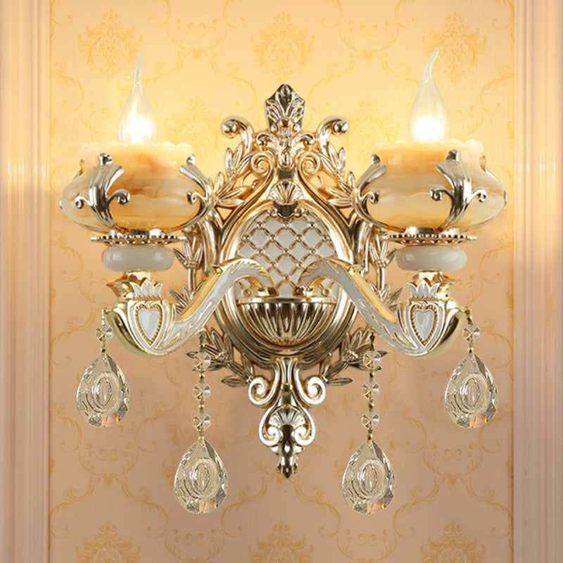 Jade Wall Mount Light Traditional Beige Flower Corridor Wall Sconce with Crystal Drop Clearhalo 'Wall Lamps & Sconces' 'Wall Lights' Lighting' 2405764