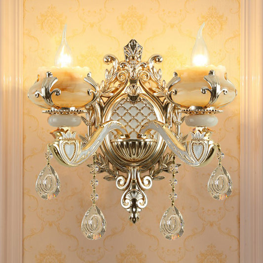 Jade Wall Mount Light Traditional Beige Flower Corridor Wall Sconce with Crystal Drop Clearhalo 'Wall Lamps & Sconces' 'Wall Lights' Lighting' 2405764