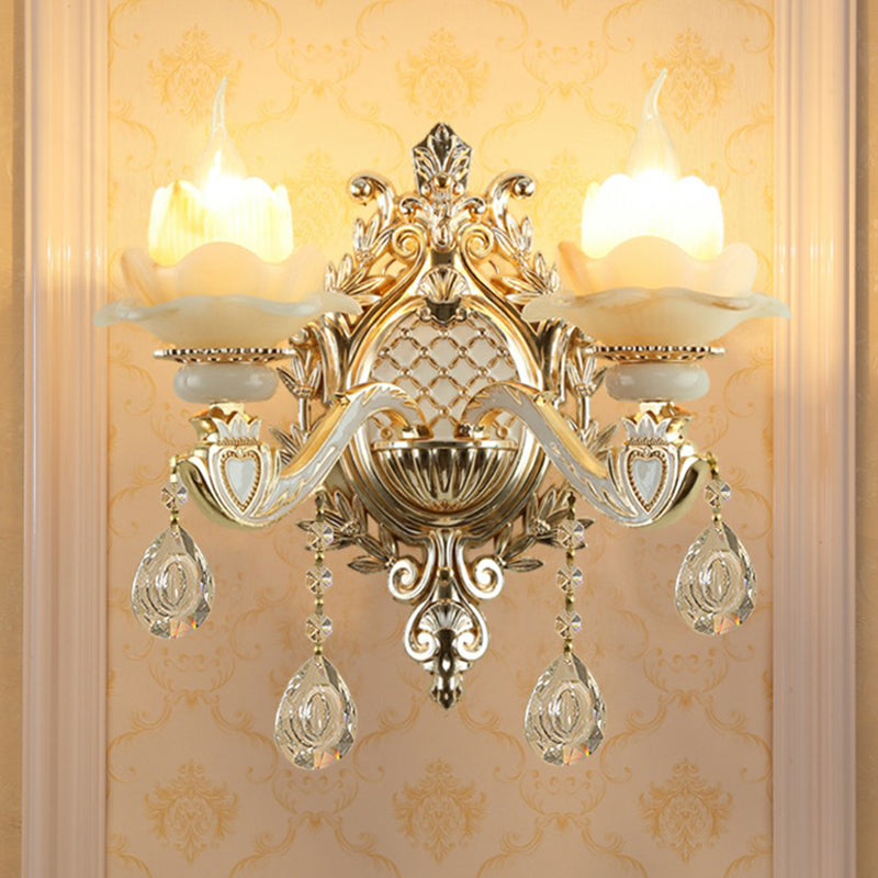 Jade Wall Mount Light Traditional Beige Flower Corridor Wall Sconce with Crystal Drop Clearhalo 'Wall Lamps & Sconces' 'Wall Lights' Lighting' 2405765