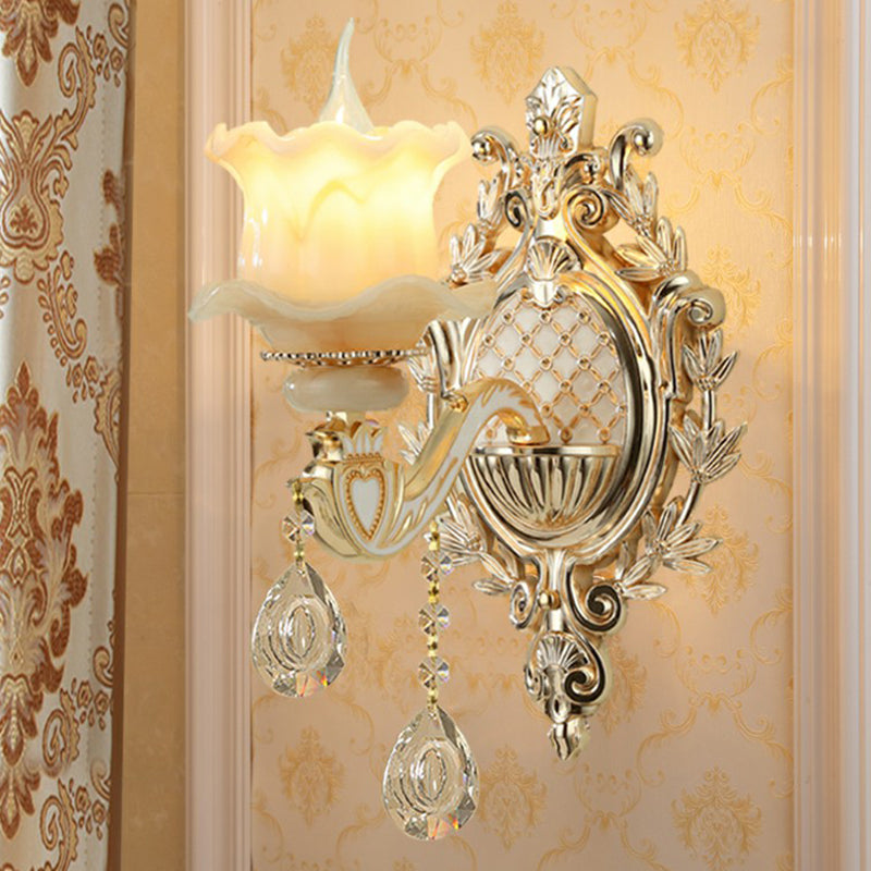 Jade Wall Mount Light Traditional Beige Flower Corridor Wall Sconce with Crystal Drop Clearhalo 'Wall Lamps & Sconces' 'Wall Lights' Lighting' 2405766