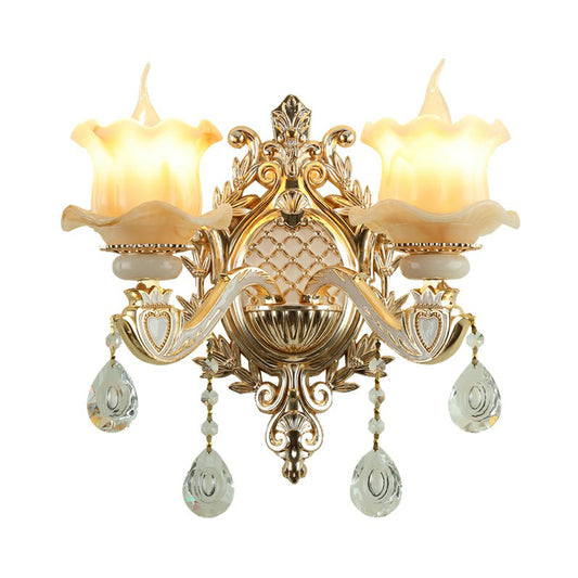 Jade Wall Mount Light Traditional Beige Flower Corridor Wall Sconce with Crystal Drop Clearhalo 'Wall Lamps & Sconces' 'Wall Lights' Lighting' 2405767