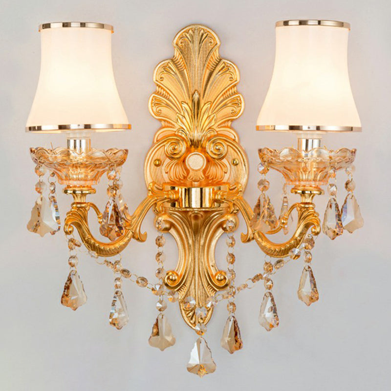 Victorian Candle Wall Sconce Lighting Metal Wall Mount Light with Shade and Crystal Decor 2.0 Gold Cylinder Clearhalo 'Wall Lamps & Sconces' 'Wall Lights' Lighting' 2405773