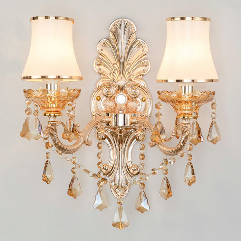 Victorian Candle Wall Sconce Lighting Metal Wall Mount Light with Shade and Crystal Decor 2.0 Silver Cylinder Clearhalo 'Wall Lamps & Sconces' 'Wall Lights' Lighting' 2405775