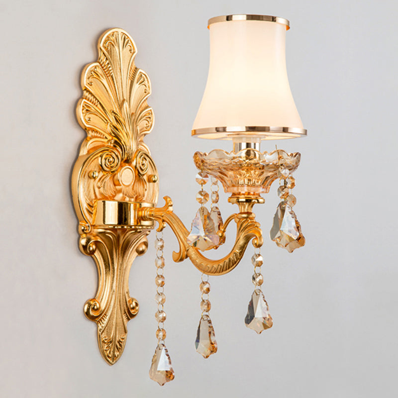 Victorian Candle Wall Sconce Lighting Metal Wall Mount Light with Shade and Crystal Decor 1.0 Gold Cylinder Clearhalo 'Wall Lamps & Sconces' 'Wall Lights' Lighting' 2405784
