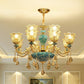 Luxurious Traditional Flower Up Chandelier Clear Glass Suspension Light in Blue with Crystal Drops 12 Blue Clearhalo 'Ceiling Lights' 'Chandeliers' Lighting' 2405831