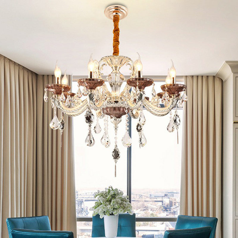 Carved Glass Clear Chandelier Candelabra Traditional Ceiling Hang Lamp with K9 Crystal Accents 8 Clear Clearhalo 'Ceiling Lights' 'Chandeliers' 'Glass shade' 'Glass' 'Island Lights' Lighting' 2405848