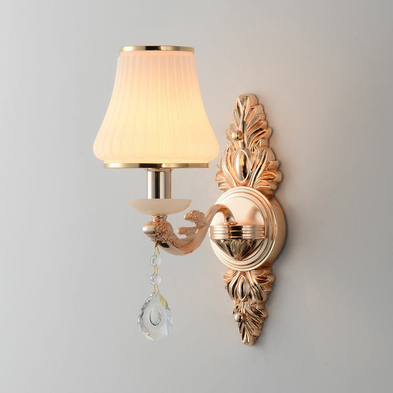 Flared White Glass Wall Light Minimalist Living Room Sconce Light with Teardrop Crystal 1.0 White Cone Clearhalo 'Wall Lamps & Sconces' 'Wall Lights' Lighting' 2405855