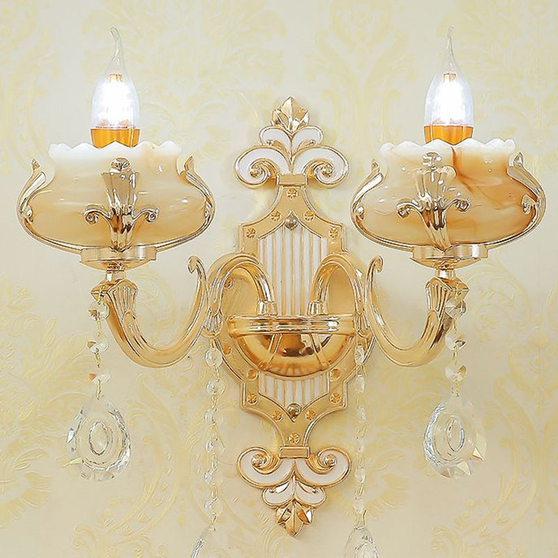 Beige Candle Wall Sconce Light Classic Faux Jade Glass Bedroom Wall Lighting Fixture 2.0 Beige Flower Shape Clearhalo 'Wall Lamps & Sconces' 'Wall Lights' Lighting' 2405866