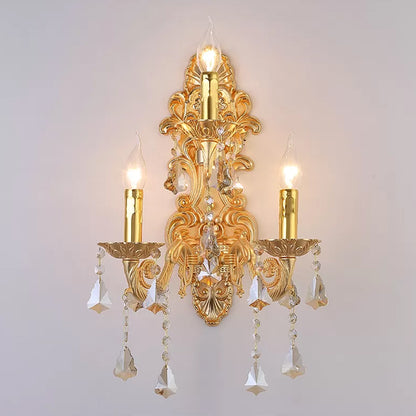 3-Light Candle Wall Sconce Antique Style Metallic Wall Mount Light with Crystal Droplet Beige Clearhalo 'Wall Lamps & Sconces' 'Wall Lights' Lighting' 2405898