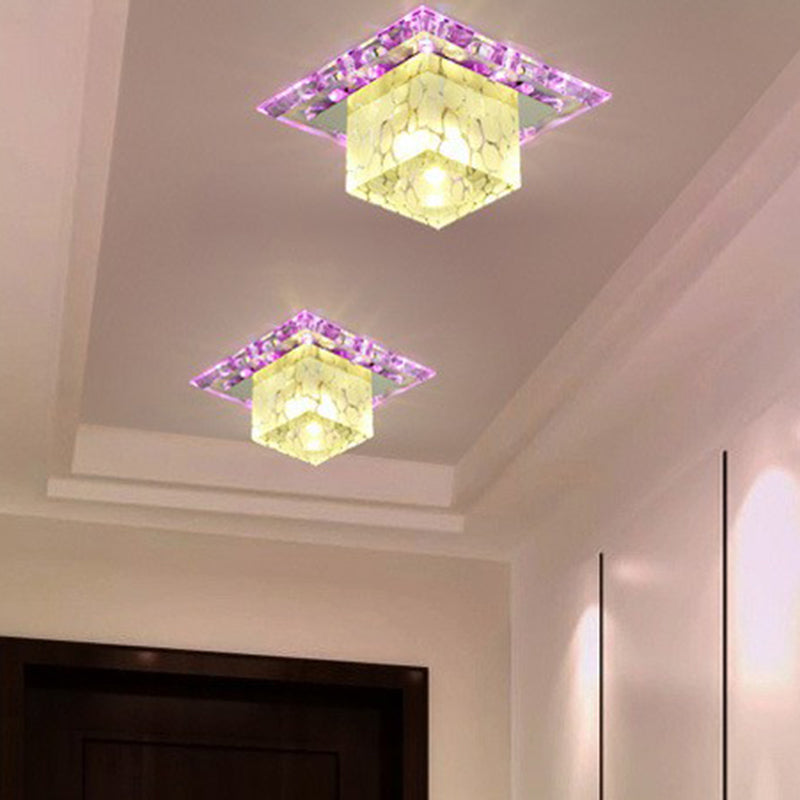LED Hallway Ceiling Lamp Minimalist Clear Flush Mount Light with Cube Crystal Shade Clear Purple Clearhalo 'Ceiling Lights' 'Close To Ceiling Lights' 'Close to ceiling' 'Flush mount' Lighting' 2405930