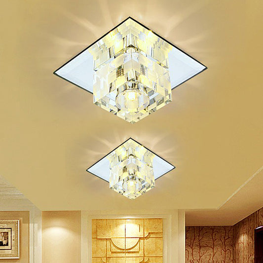 Clear Crystal Cube Flush Mount Lamp Minimalist LED Ceiling Fixture with Checkered Pattern for Living Room Clear Warm Clearhalo 'Ceiling Lights' 'Close To Ceiling Lights' 'Close to ceiling' 'Flush mount' Lighting' 2405991