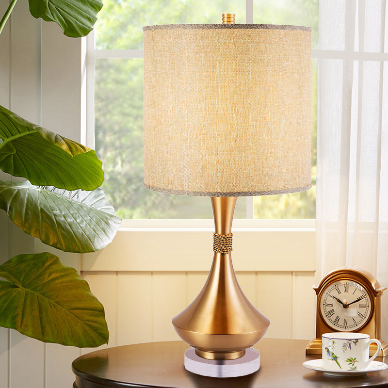 Cylinder Study Lamp Traditionary Fabric 1 Bulb White/Beige Reading Book Light with Metal Base Beige Clearhalo 'Lamps' 'Table Lamps' Lighting' 240606