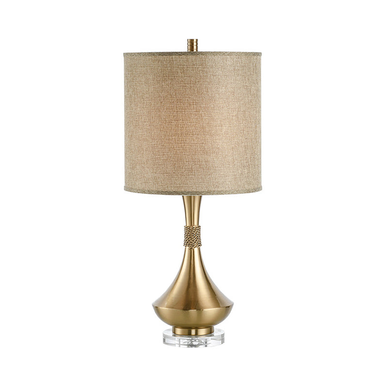 Cylinder Study Lamp Traditionary Fabric 1 Bulb White/Beige Reading Book Light with Metal Base Clearhalo 'Lamps' 'Table Lamps' Lighting' 240608