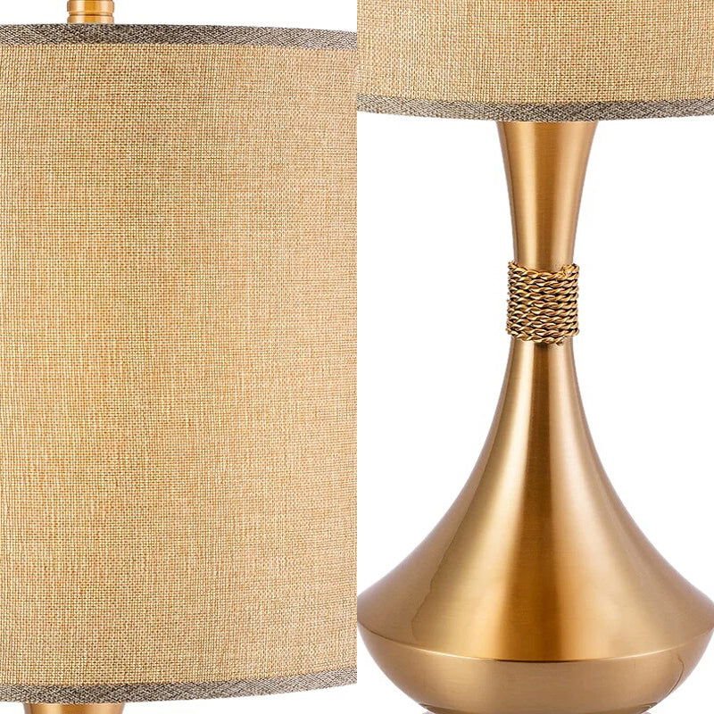 Cylinder Study Lamp Traditionary Fabric 1 Bulb White/Beige Reading Book Light with Metal Base Clearhalo 'Lamps' 'Table Lamps' Lighting' 240610