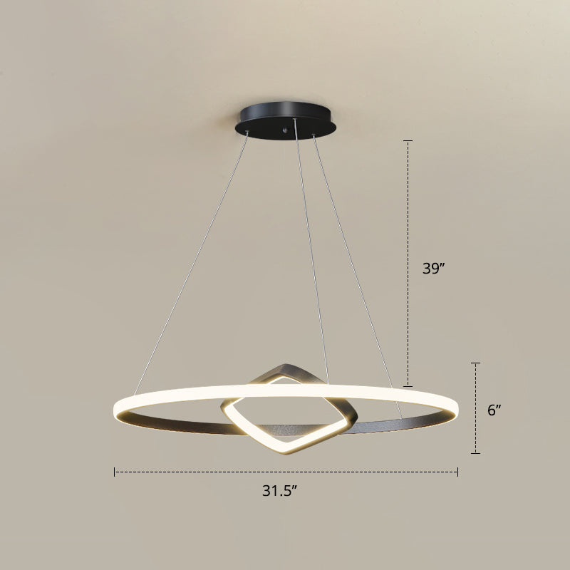 Round and Square Chandelier Nordic Aluminum LED Hanging Pendant Light for Dining Room Black 31.5" Warm Clearhalo 'Ceiling Lights' 'Chandeliers' 'Modern Chandeliers' 'Modern' Lighting' 2406268
