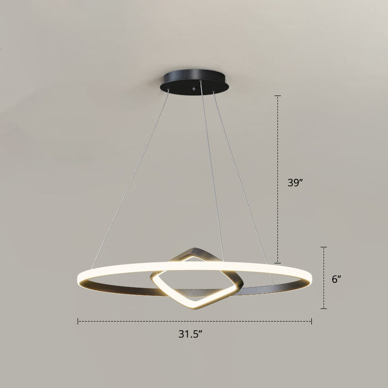 Round and Square Chandelier Nordic Aluminum LED Hanging Pendant Light for Dining Room Black 31.5" Remote Control Stepless Dimming Clearhalo 'Ceiling Lights' 'Chandeliers' 'Modern Chandeliers' 'Modern' Lighting' 2406270