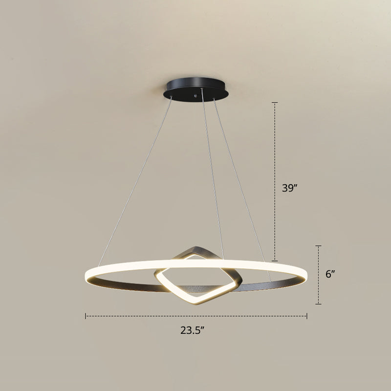 Round and Square Chandelier Nordic Aluminum LED Hanging Pendant Light for Dining Room Black 23.5" Warm Clearhalo 'Ceiling Lights' 'Chandeliers' 'Modern Chandeliers' 'Modern' Lighting' 2406272