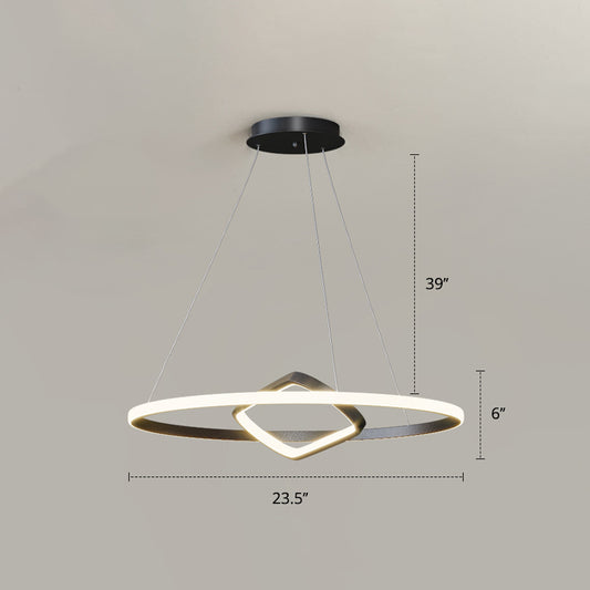 Round and Square Chandelier Nordic Aluminum LED Hanging Pendant Light for Dining Room Black 23.5" Remote Control Stepless Dimming Clearhalo 'Ceiling Lights' 'Chandeliers' 'Modern Chandeliers' 'Modern' Lighting' 2406274